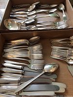 Box of assorted silverware including forks, spoons, knives, serving spoon, serving fork, and ladle.
