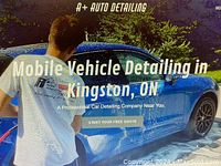 A+ Auto Detailing website screenshot showing a person washing a blue car with text 'Mobile Vehicle Detailing in Kingston, ON'