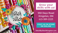 Gift card image showing fabric and Stitch By Stitch branding, along with store location and contact details.