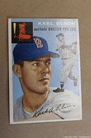 Front side of the 1954 Topps Karl Olson baseball card showing player portrait and Boston Red Sox logo.