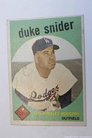 Front of 1959 Topps Duke Snider card showing player portrait, Dodgers team name and position outfield.