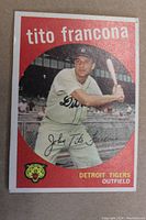 Front view of 1959 Topps Tito Francona baseball card showing batting stance and team logo.