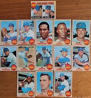 Front side of 14 1968 Topps Dodgers baseball cards showing player portraits and poses.