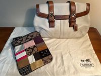 Two Coach handbags displayed on a wooden surface with a white Coach dust bag beneath them.