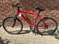 Side view of red Raleigh Zoom mountain bike showing frame, tires, seat and handlebars, set against brick wall with shadows.