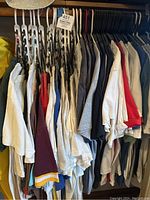 Multiple T-shirts and one sports jersey hanging on hangers in closet