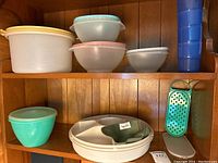 Shelf with various vintage Tupperware bowls, cups, vegetable tray, and grater