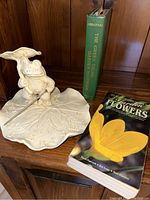Photo showing vintage garden books and a ceramic frog lily pad clock on a wooden shelf