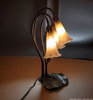 Lamp illuminated on a flat surface showing glow of frosted tulip glass shades and metal lily pad base.