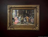 Front of framed vintage Margaret Dovaston print showing historical British interior scene with figures in period costume.