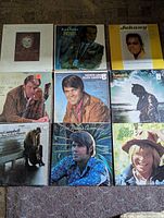 Photo showing nine vinyl records featuring artists such as Frank Sinatra, Glen Campbell, Johnny Mathis, and others