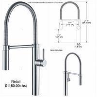 Front view, dimension schematic and alternate angle of faucet