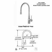 Stainless steel Franke pull-down kitchen faucet FF3450 with high-arc spout and side lever, accompanied by technical diagram showing dimensions
