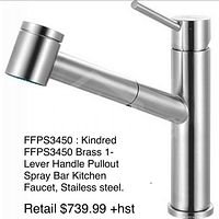 Front view of stainless steel faucet with lever handle and pullout spray head showing model details