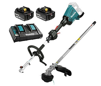 Main kit components: power head, trimmer attachment, two batteries and dual-port charger