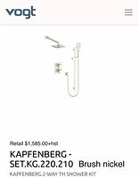 Product rendering showing Vogt Kapfenberg 2-way thermostatic shower kit components in brushed nickel