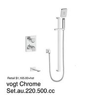Photo of Vogt chrome shower set including thermostatic control panel with knobs, spout, handheld showerhead with hose and wall slider.