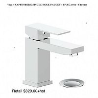 Chrome single lever faucet and matching pop-up drain on white background