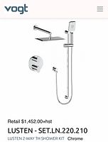 Front view of chrome Vogt Lusten shower kit including overhead head, handheld head, slide bar, hose, and valve trim