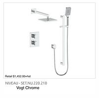 Kit components arranged showing overhead shower head, wall arm, valve trim, handheld wand, slide bar, hose and bracket