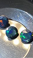 Three natural black opal gemstones placed on metallic dish showing vibrant red, green, blue and orange flashes.