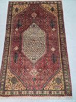 Full top view of the Persian rug showing the overall design and color scheme.