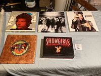 Top-down photo showing album covers for Bob Dylan, Fleetwood Mac, Prince, The Black Crowes, and Showgirls box set.