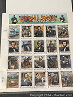 Full view of Civil War themed stamp sheet showing portraits and scenes with 32 cent denomination
