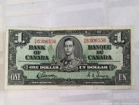 Front view of 1937 Bank of Canada one dollar banknote showing King George VI portrait, serial numbers, and signatures.