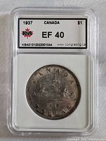 Front view of the graded coin slab showing reverse side with canoe scene and grading label EF40 by KSA.