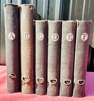 Front view of 6 vintage Brunswick 78 RPM record albums in various states of wear. Labeled A to F on spine.