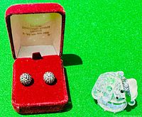 Photo showing Swarovski crystal stud earrings in red velvet box and Kris Bear crystal figurine on green background with bright lighting.