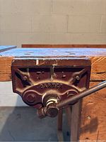 Close-up of Carter table vice showing brand name and handle