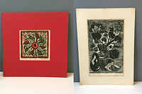 Two vintage Jill Gill prints mounted on mats: "December Sun" on red mat and "la premiere" on off-white mat with visible damage.