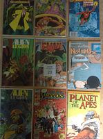 Photo showing front covers of 9 comic books arranged in a grid. Titles include Dick Tracy vs The Underworld, Alien Legion, E-Man, Neil the Horse, Planet of the Apes, and others.