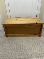 Front view of the unfinished wooden toy box showing natural wood grain and panel construction.