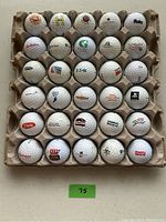 Photo of entire set of 30 used golf balls with various logos, inside a cardboard holder.