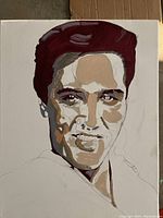 Partial oil painting and pencil sketch of Elvis Presley on 16x20 canvas showing face details in browns and reds along with detailed pencil facial outline.