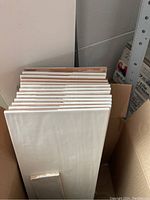 Box of 13 rectangular white ceramic tiles sized 8 x 19 cm, stacked vertically in a box.
