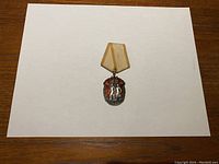 Front of USSR Order of the Badge of Honour medal with beige and gold striped ribbon on white background.