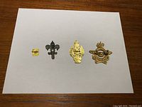 Top view of four badges including a small square pin, fleur-de-lis badge, white/gold badge, and gold Royal Canadian Air Force badge.