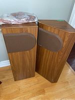 Two Bose speakers side by side on hardwood floor with speaker wires on top.