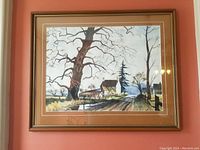 Front view of the framed watercolour painting showing a country road, leafless trees and a house under a pale sky.
