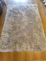 Overhead view of the full thick shag area rug in silvery grey hues on a hardwood floor.