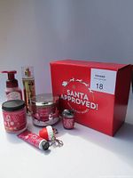 Photo of complete Bath and Body Works Santa Approved gift set with all items and red gift box