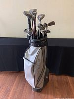 Full view of Wilson golf bag with assorted golf clubs inside, showing front of bag and clubs.