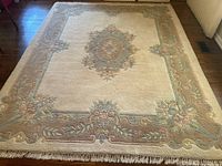 Full view of wool sculpted rug with floral medallion pattern and beige border with fringe edges, showing overall condition and pattern.