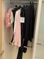 Multiple garments hung inside cabinet showing all items