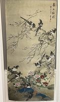 Full view of the signed Chinese watercolor painting on paper showing birds on flowering branches with calligraphy and seals.