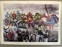 Full view of the canvas print showing Marvel and DC superheroes sitting on a beam over a cityscape.